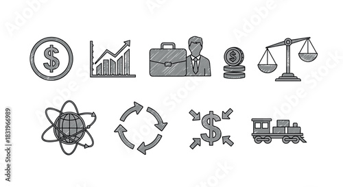Set of monochrome business icons featuring finance, growth, and trade
