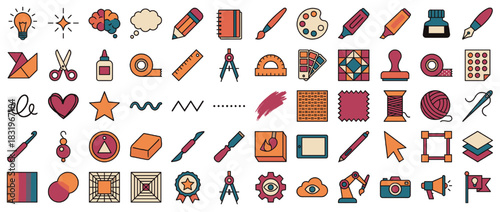 Art and craft tools icon set. containing pencil, brush, paint, ruler, compass, yarn, scissors, and more. Vector collection