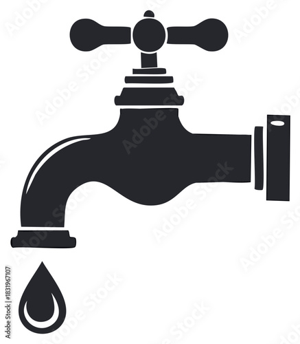 Faucet illustration with water droplet, plumbing fixture icon, silhouette design element for sanitary ware themes