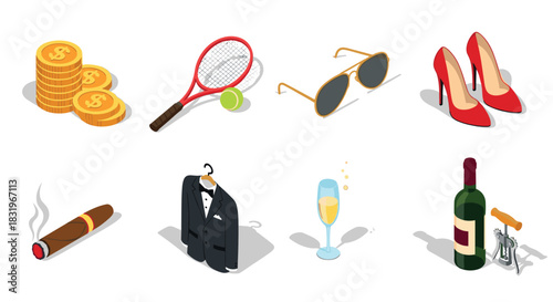 Luxury lifestyle isometric icons with fashion accessories and leisure items