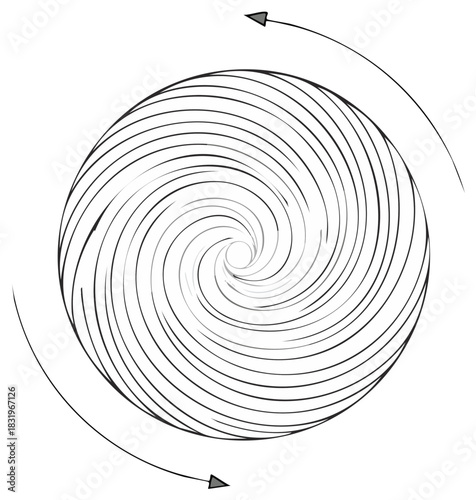 Abstract swirling vortex pattern with directional arrows indicating movement