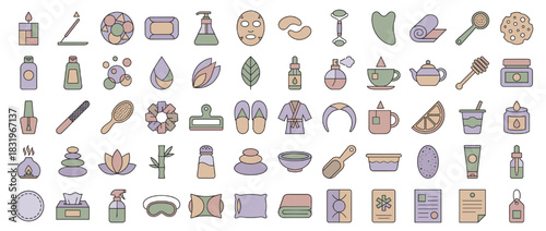 Spa and wellness icon set. containing candle, flower, mask, roller, yoga, oil, tea, honey, stone and more. Vector collection