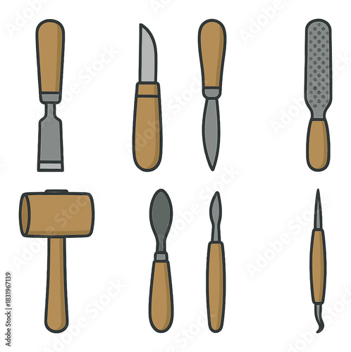 Woodworking tools set with wooden handles on brown background