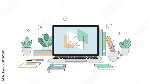 Flat Line Vector Illustration of Designer Workspace with Laptop Showing Abstract Graphics, Plants, and Clock Icon for Creative Design Process Concept