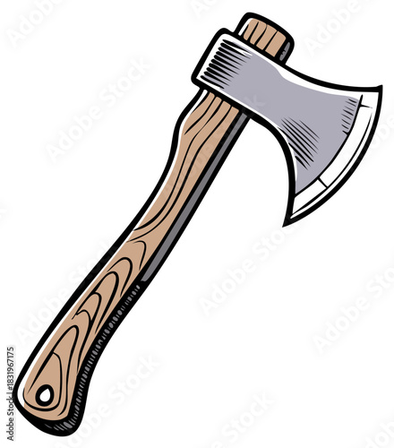 A classic camping hatchet with a wooden handle and sharp blade drawn in a cartoon vector style