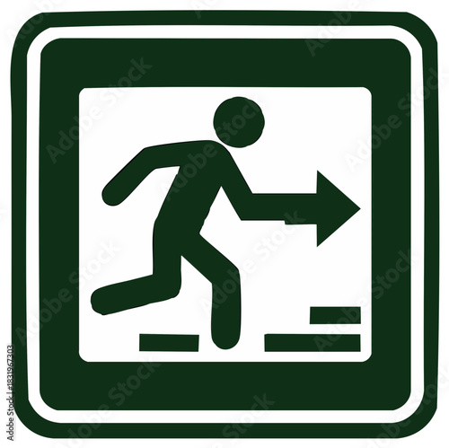 Green universal emergency exit sign with running person icon and right arrow symbol