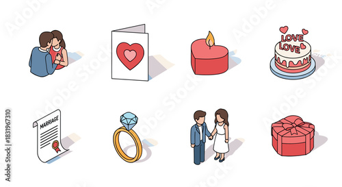 Romantic wedding and valentine's day symbols in isometric design