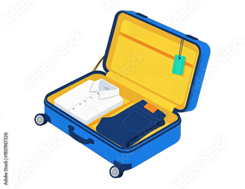 Open blue suitcase with clothing and luggage tag