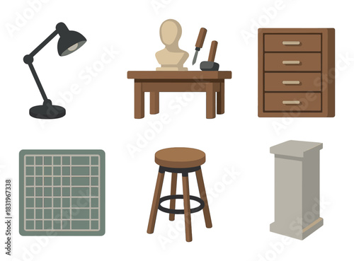 Artistic workspace with sculpture tools and furniture elements