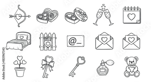 Romantic doodle set with hearts, gifts, and love symbols in black and white