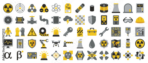 Nuclear and hazard icons set. containing radiation, hazard, warning, radioactive, waste, nuclear, danger, safety, hazard suit, biohazard. Vector collection