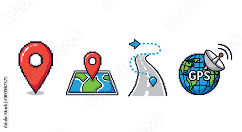 Pixel art navigation icons with map, road, and gps elements