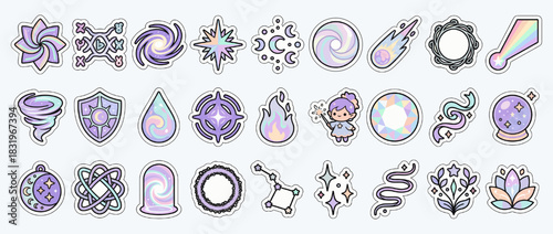 Mystical and cosmic icon set. containing galaxy, star, comet, shield, flame, crystal ball, constellation and more. Vector collection