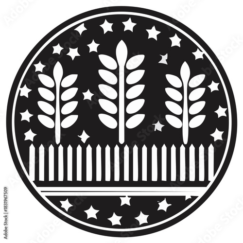 Stylized circular badge with three wheat plants a picket fence and twinkling stars representing harvest success
