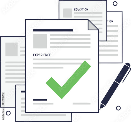 Application documents showing experience with a green check mark symbol ready for candidate selection