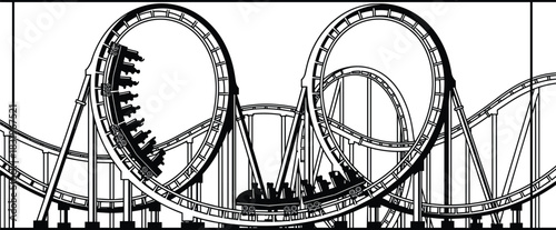 Roller coaster silhouette, amusement park ride, looping track design, thrill ride illustration, black vector graphic, physics concept representation