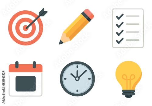 Productivity icons: target, pencil, checklist, calendar, clock, lightbulb