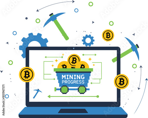 Bitcoin mining progress shown on a laptop screen with digital coins and mining tools around it