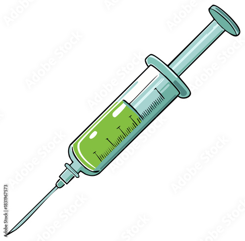 Cartoon medical syringe with needle and plunger filled with green liquid vaccine or cure illustration.