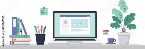 Flat Vector Illustration of Developer Workspace with Laptop Screen Showing Statistic for Web Development or Software Engineering Concept