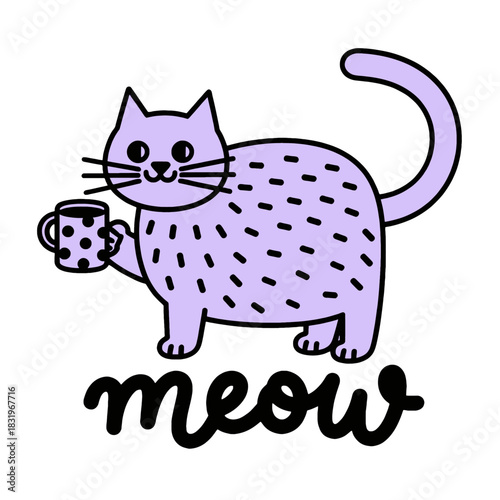 Purple cartoon cat with coffee mug and meow text