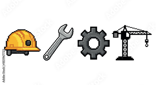 Pixel art construction icons: helmet, wrench, gear, crane in retro game style