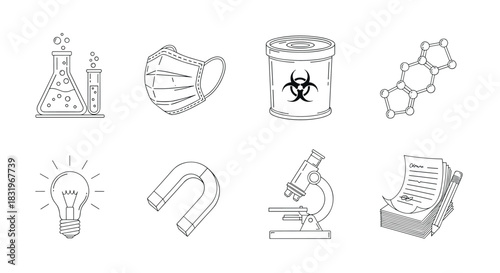 Scientific laboratory equipment and medical icons set in linear style