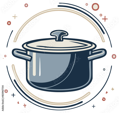 Blue Pot With Lid And Handles Surrounded By Abstract Shapes