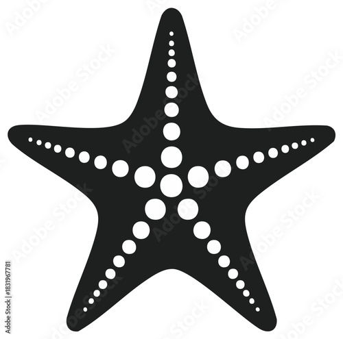 Black and white illustration of a starfish with detailed dotted pattern design.