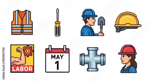 Labor day icons: safety helmet worker tools and calendar