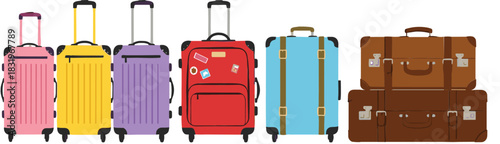 Cartoon Travel Luggage Collection with Colorful Suitcases and Vintage Bags Tourism Transportation Flat Vector Illustration Set