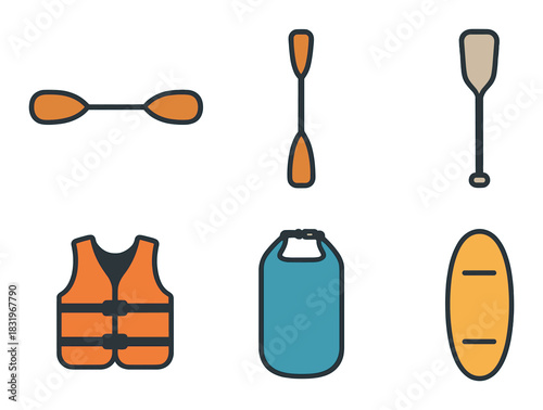 Kayaking gear essentials: paddle, life vest, waterproof bag, life jacket, canoe