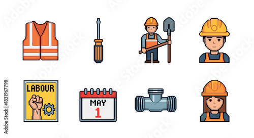 International workers day icons set: tools, hard hats, and labor day symbols