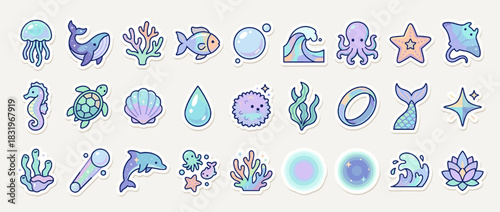 Marine life icon set. featuring jellyfish, whale, coral, fish, wave, octopus, starfish, manta ray, turtle, shell, seahorse. Vector collection