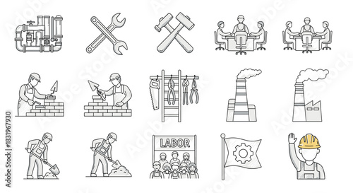 Industrial and labor day icons: workers, tools, and factories in linear style