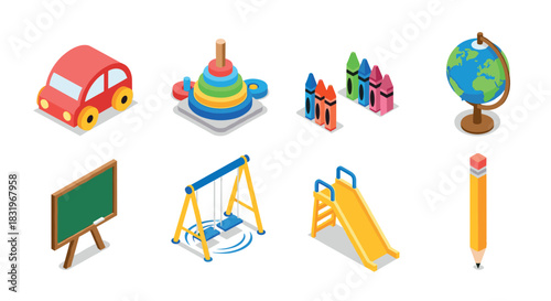 Colorful isometric children's toys and school supplies set for kids' learning
