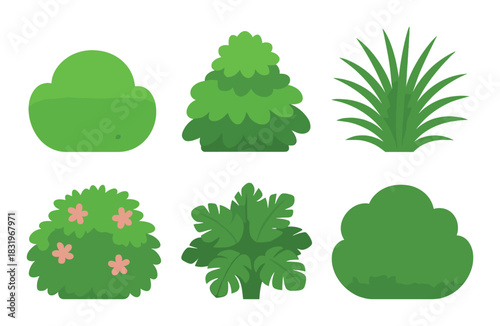 Collection of stylized green bushes in varied shapes and textures