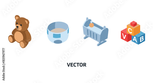 Isometric baby essentials: teddy bear, bottle, cradle, alphabet blocks for nursery decor