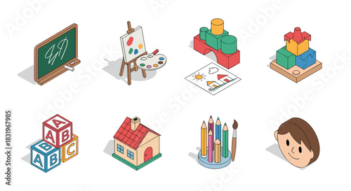 Colorful isometric icons of art and education supplies for creative learning