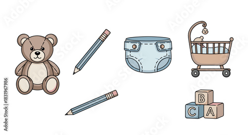Cute baby essentials: teddy, diaper, crib, pencils, blocks