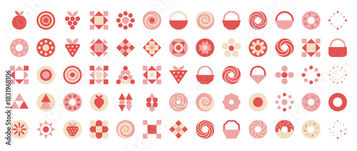 Geometric pattern icon set. containing circles, triangles, squares, spirals, strawberries, dots, flowers and more. Vector collection