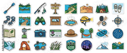 Outdoor adventure icon set. including kayak, fishing, trail, hiking, camping, compass, binoculars, waterfall, mountain, tent, camera and more. Vector collection
