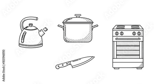 Kitchen essentials: doodle style stove, cookware, and kitchenware icons