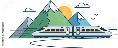 Scenic train journey through mountain landscapes in a speedy modern transportation system design