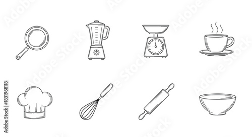 Kitchen essentials sketch set: cooking tools and utensils collection in outline style