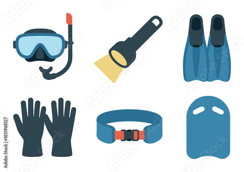 Scuba diving gear set with snorkel, mask, fins, flashlight, gloves, and wetsuit
