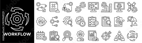 WORKFLOW icon collection set. Containing design  workflow, process, tasks, review, approve, reject, process analysis, automation, simulation, measurement, sync