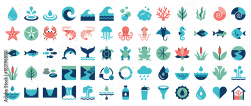 Aquatic and nature icon set. containing water, wave, fish, coral, crab, jellyfish, seahorse, dolphin, turtle, leaf. Vector collection