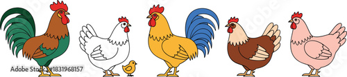 Colorful Cartoon Farm Chicken Set with Rooster, Hen, and Chick Flat Vector Illustration Isolated on White Background