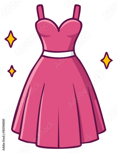 Cute pink cartoon dress with sweetheart neckline and white waist band sparkling for fashion celebration
